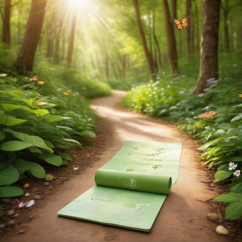 A serene pathway through a lush green forest, symbolizing the journey of recovery. Include gentle sunlight filtering through the leaves, with symbols of wellness like a yoga mat, herbal tea, and a journal nestled along the path. Soft, inspiring elements like butterflies and blooming flowers representing hope should surround the area. warm colors. soft focus. nature-inspired art.