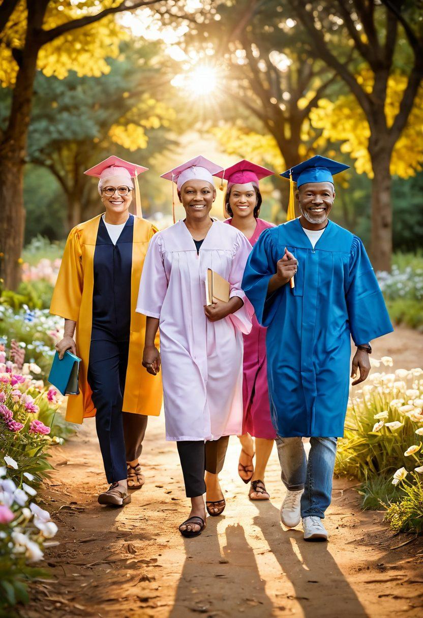 A hopeful sunrise illuminating a diverse group of cancer survivors walking hand-in-hand along a vibrant path, symbolizing empowerment and support. Include elements like books, graduation caps, and symbols of strength like butterflies and flowers along the path. Capture emotions of resilience and community spirit. super-realistic. vibrant colors. soft focus.