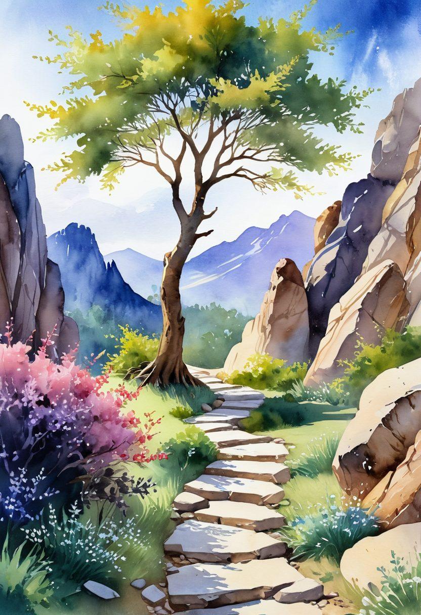 A serene landscape representing resilience, featuring a strong tree growing from rocky terrain symbolizing strength and survival. Surround the scene with soft, warm lighting to evoke hope, and include delicate flowers in bloom, representing wellness and growth. In the foreground, a pathway meanders through the landscape, inviting viewers on a journey of education and empowerment. watercolor painting. vibrant colors. peaceful ambiance.